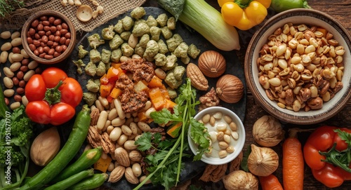 Ethical eating with plant based vegan nutrition rich in fiber antioxidants vitamins legumes nuts and colorful vegetables