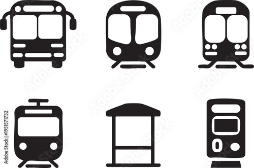 Set of stylized public transportation vehicle icons including buses and trains