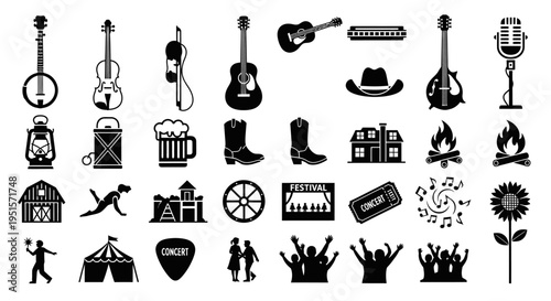 Creative Bluegrass Festival Icon Set With Musical Instruments And Country Music Culture Design ElementsBold Solid Bluegrass Festival Icon Pack With Country Music Instruments And Outdoor Event Visual S