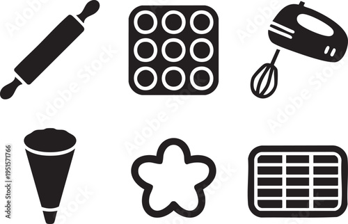 Collection of baking tools and equipment icons including rolling pin, muffin tin, and mixer