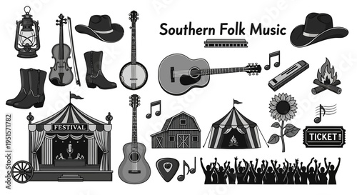 Creative Bluegrass Festival Icon Set With Musical Instruments And Country Music Culture Design Elements