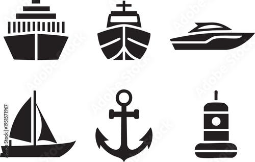 Collection of nautical icons and maritime transport symbols in a simple graphic style