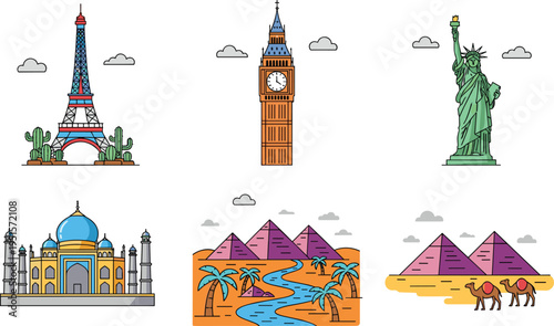 World famous landmarks flat vector illustration set featuring Eiffel Tower Big Ben Statue of Liberty Taj Mahal pyramids desert travel icons collection