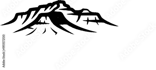 Stark black mountain range silhouette against a pure white background