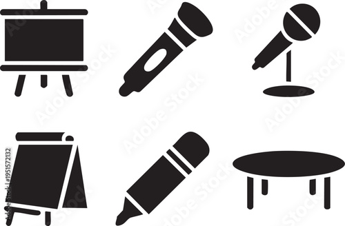 Collection of presentation easel, microphones, markers, and round table icons