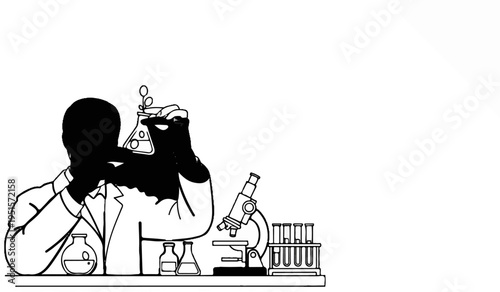 Scientist examining a flask with plants growing, with microscope and test tubes