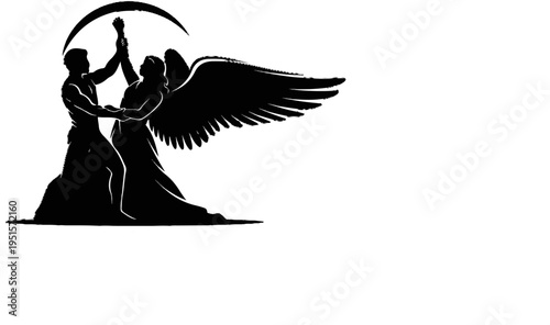 Silhouetted couple rejoices under crescent moon with winged figure