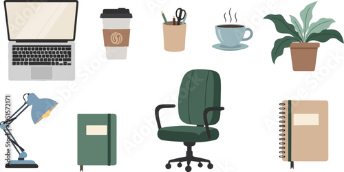 A pixel art depiction of office essentials including a laptop, coffee, plant, and chair