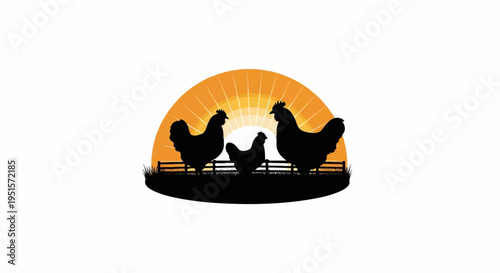 Silhouette of three chickens standing by a fence against a setting sun