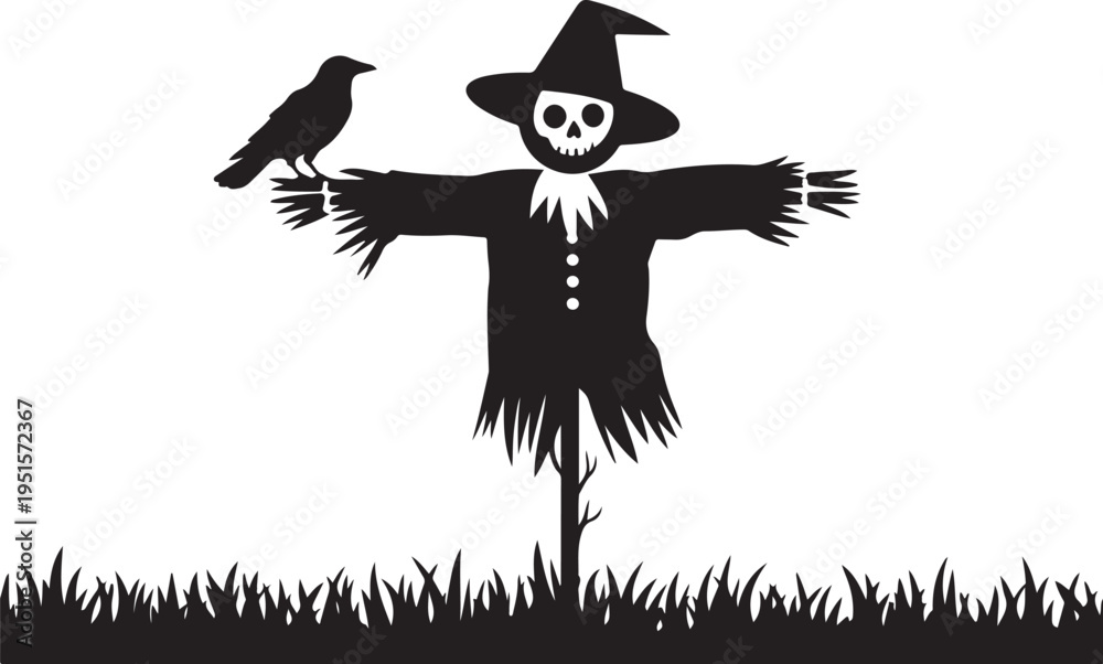 Naklejka premium Black scarecrow with skull face and bird on hand in grass