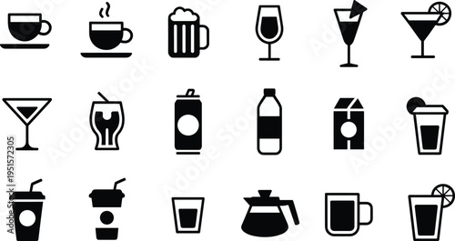 Beverage drink icons set with coffee tea beer cocktail juice soda and soft drinks isolated on white background vector illustration