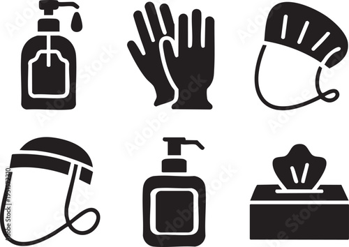 Collection of six personal protective equipment icons: spray bottle, gloves, surgical cap, face
