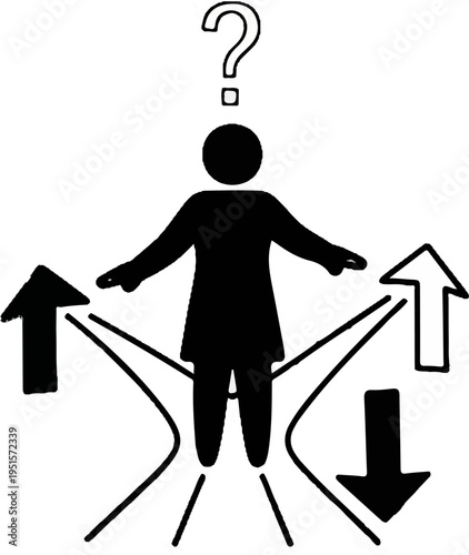 Person at crossroads, questioning direction with multiple path options shown