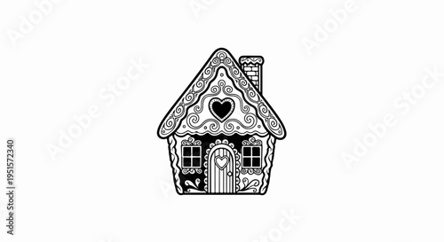 Ornate black and white illustration of a gingerbread house with heart details