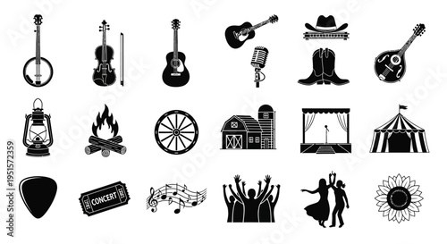 Clean Outline Bluegrass Music Festival Icon Set Featuring Acoustic Instruments And Outdoor Event Scene Elements