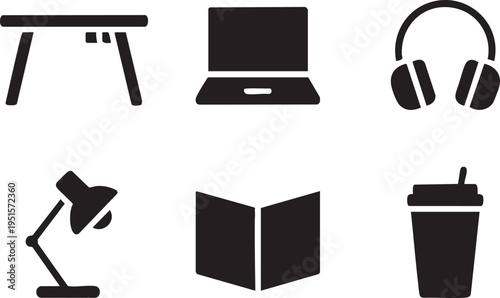 Collection of six simple vector icons representing study and work essentials