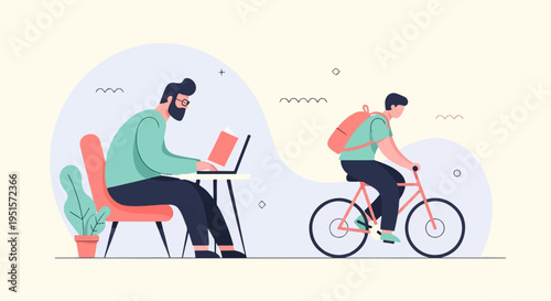 Man working on laptop and another man cycling with a backpack