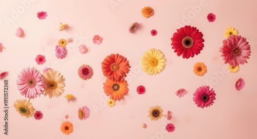 Colorful gerberas and assorted vibrant flowers drifting gracefully against a soft backdrop