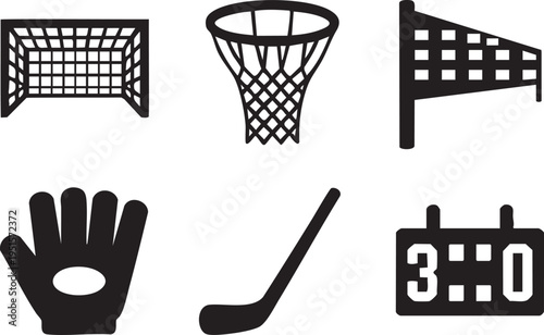 Collection of six sport equipment icons including hockey, basketball, and scoreboard