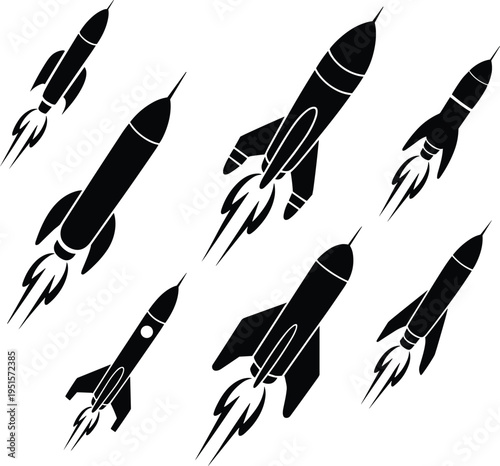 rocket silhouette set, space launch vector, spaceship icons, startup growth concept, black minimal design, cosmic exploration, isolated clipart, technology innovation