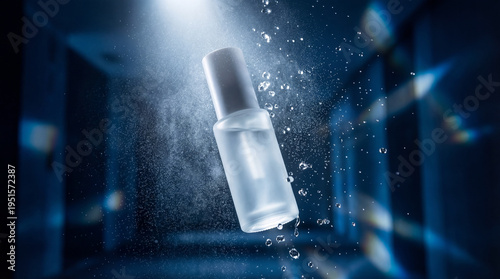 Cosmetic spray bottle with water droplets and texture background