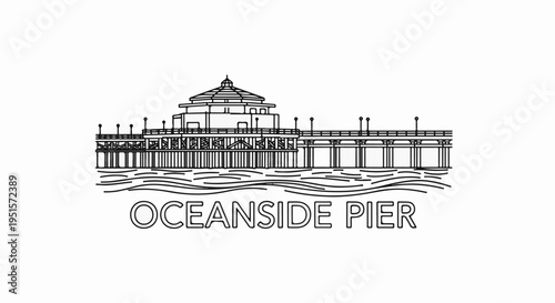 Line drawing of a pier extending over wavy water towards a central building