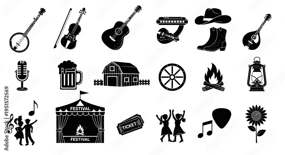 Obraz premium Detailed Bluegrass Festival Icon Set With Acoustic Instruments And Live Concert Scene Design Elements