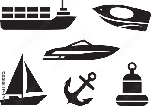 Collection of stylized marine transport and nautical equipment vector icons