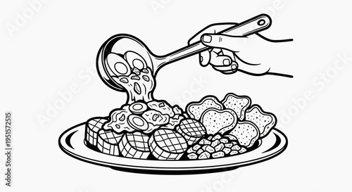 Monochrome illustration of a hand serving a hearty meal of sausages, beans, and toast with a ladle. A comforting home-cooked dinner preparation