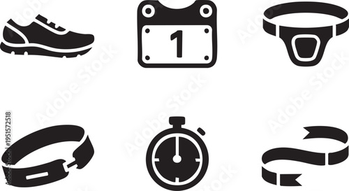 Collection of six sport training and competition graphic icons in a flat design style