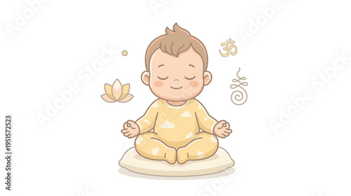 Baby meditating in peaceful pose with lotus flower and symbols  