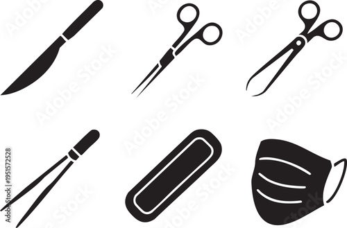 Collection of surgical instruments and medical supplies line art vector icons