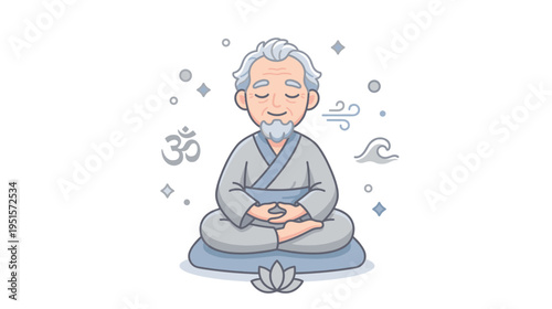 Calm elderly man meditating with closed eyes on lotus mat  