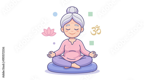 Elderly woman meditating peacefully on cushion with lotus flower  
