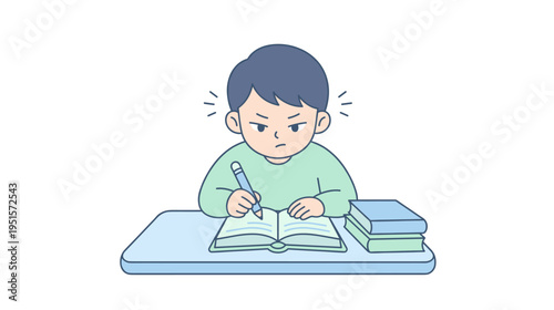 Young boy studying while writing notes at a desk with books  