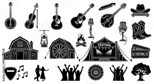 Creative Bluegrass Festival Icon Pack With Musical Instruments And Southern Cultural Heritage Elements