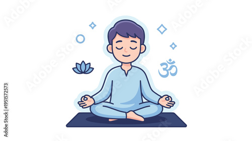Young man meditating in lotus position with peaceful expression  