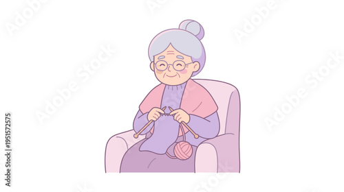 Elderly woman knitting happily while sitting in an armchair  