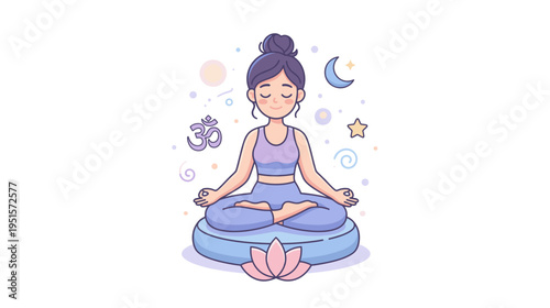 Young woman meditating on a cushion surrounded by stars and symbols  