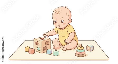 Baby playing with shape sorter and colorful blocks on mat  