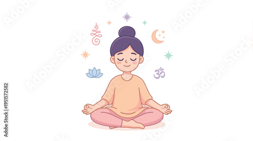Young girl meditating in lotus position with spiritual symbols  