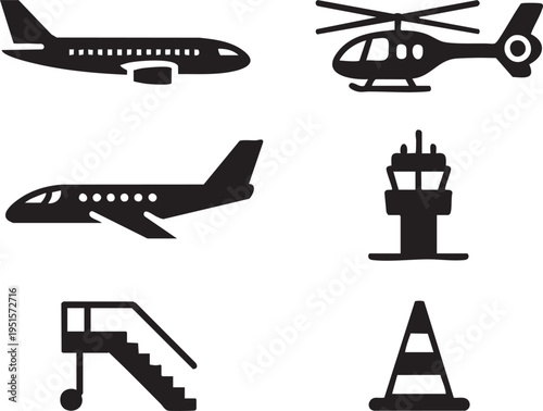 Set of aviation icons including airplanes, helicopter, control tower, airstairs, and traffic co