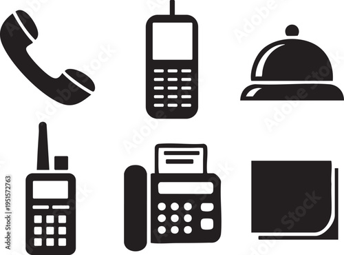 Collection of vintage communication devices icons in dark grey, vector graphics