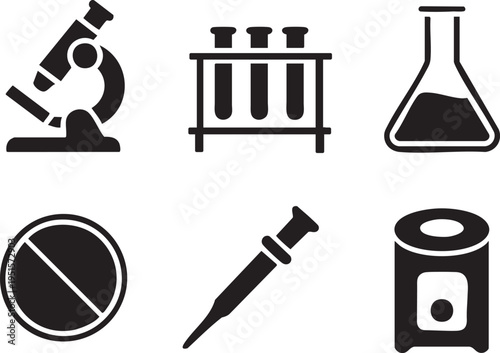 Set of simple science and medical icons: microscope, test tubes, flask, pill, pipette, vial