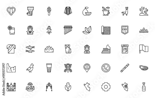 Peru icon set. Vector symbols of Machu Picchu, llama, ceviche, flag, Inca, Nazca lines, quinoa, chullo, and more. Editable thin line illustrations.