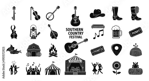 Modern Bluegrass Festival Icon Set With Acoustic Instruments And Cultural Event Design Elements