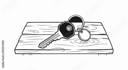 A single key with two charms rests on a rustic wooden surface