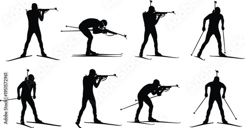 Biathlon athlete silhouettes vector set featuring cross country skiing and rifle shooting winter sport competitors isolated dynamic action figures