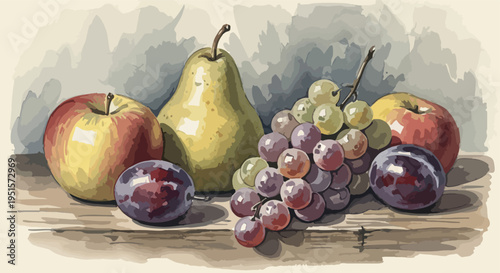Watercolor still life of assorted fruit including apples, pears, grapes, and plums arranged on a wooden surface against a soft, gray background.