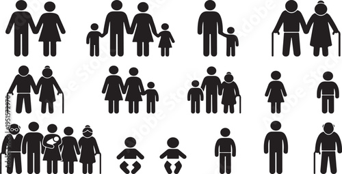 Diverse Family Silhouette Icon Set and Multigenerational People Vector Bundle